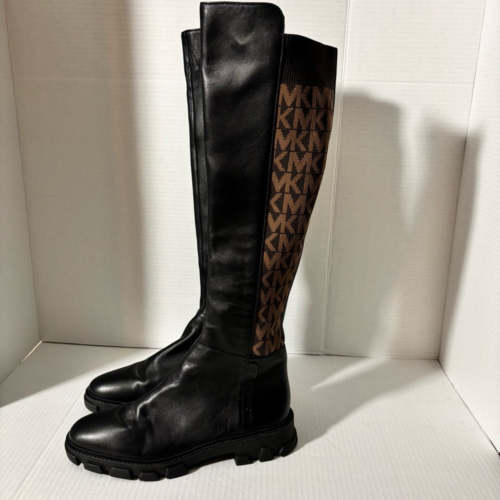 Michael Kors Ridley Leather and Logo Jacquard Knee Boot